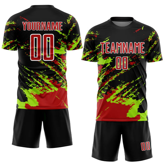 Custom Black Red-Neon Green Abstract Fragment Art Splash Sublimation Soccer Uniform Jersey - Sky-Custom