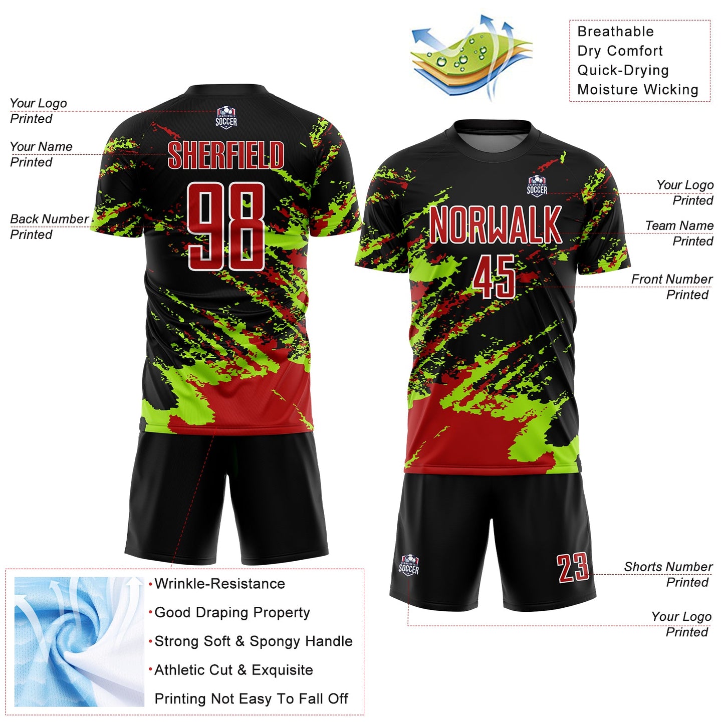 Custom Black Red-Neon Green Abstract Fragment Art Splash Sublimation Soccer Uniform Jersey - Sky-Custom