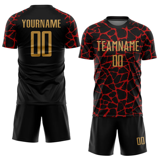 Custom Black Old Gold-Red Abstract Network Splash Sublimation Soccer Uniform Jersey - Sky-Custom