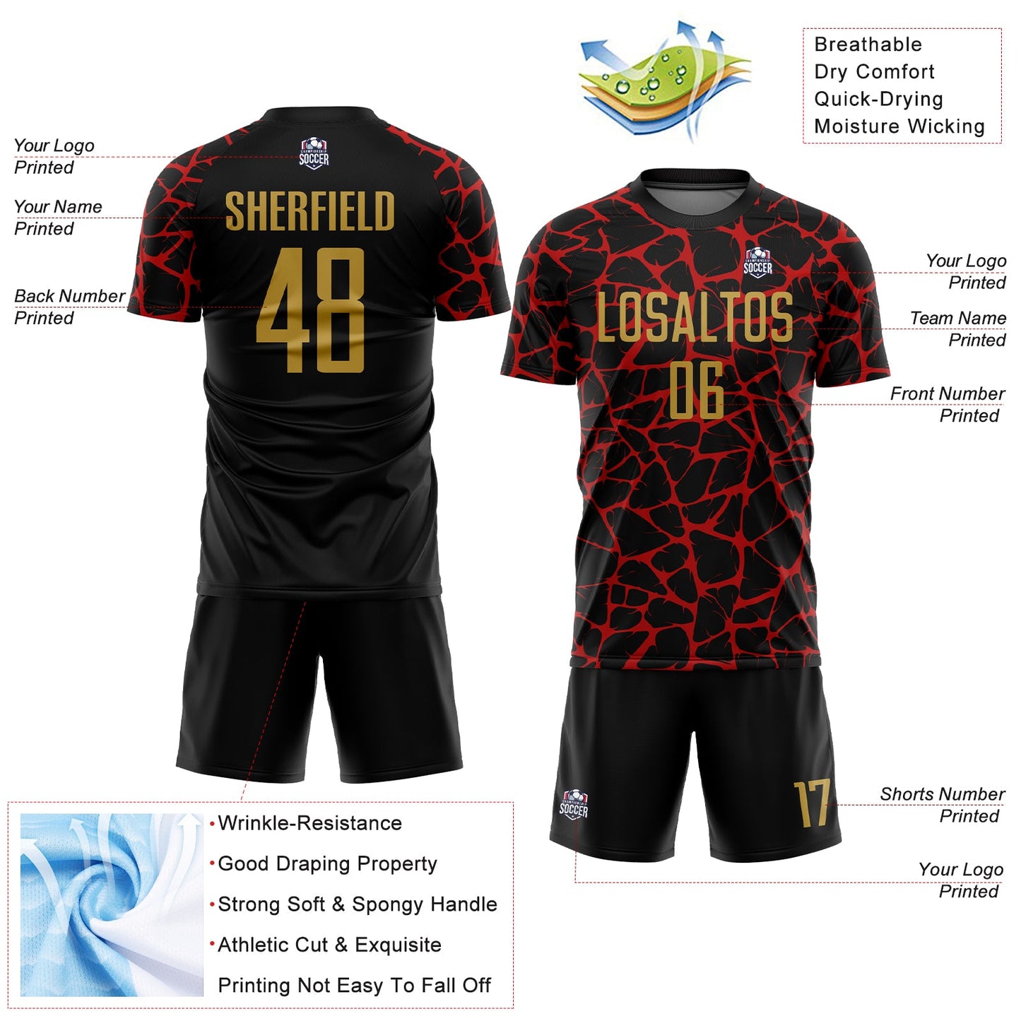 Custom Black Old Gold-Red Abstract Network Splash Sublimation Soccer Uniform Jersey - Sky-Custom