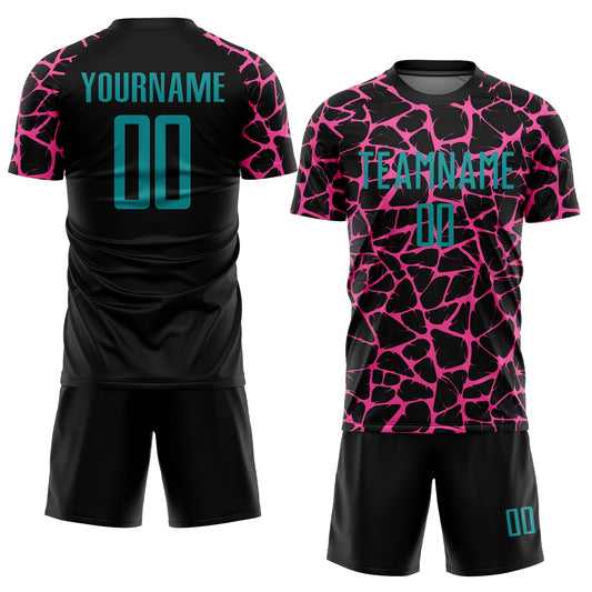Custom Black Teal-Pink Abstract Network Splash Sublimation Soccer Uniform Jersey - Sky-Custom