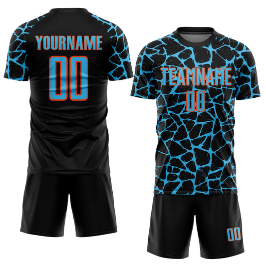 Custom Black Sky Blue-Orange Abstract Network Splash Sublimation Soccer Uniform Jersey - Sky-Custom