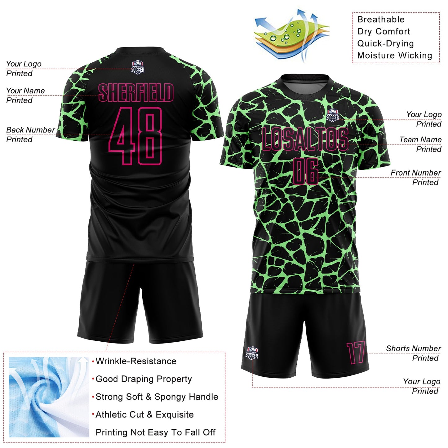 Custom Black Pea Green-Hot Pink Abstract Network Splash Sublimation Soccer Uniform Jersey - Sky-Custom