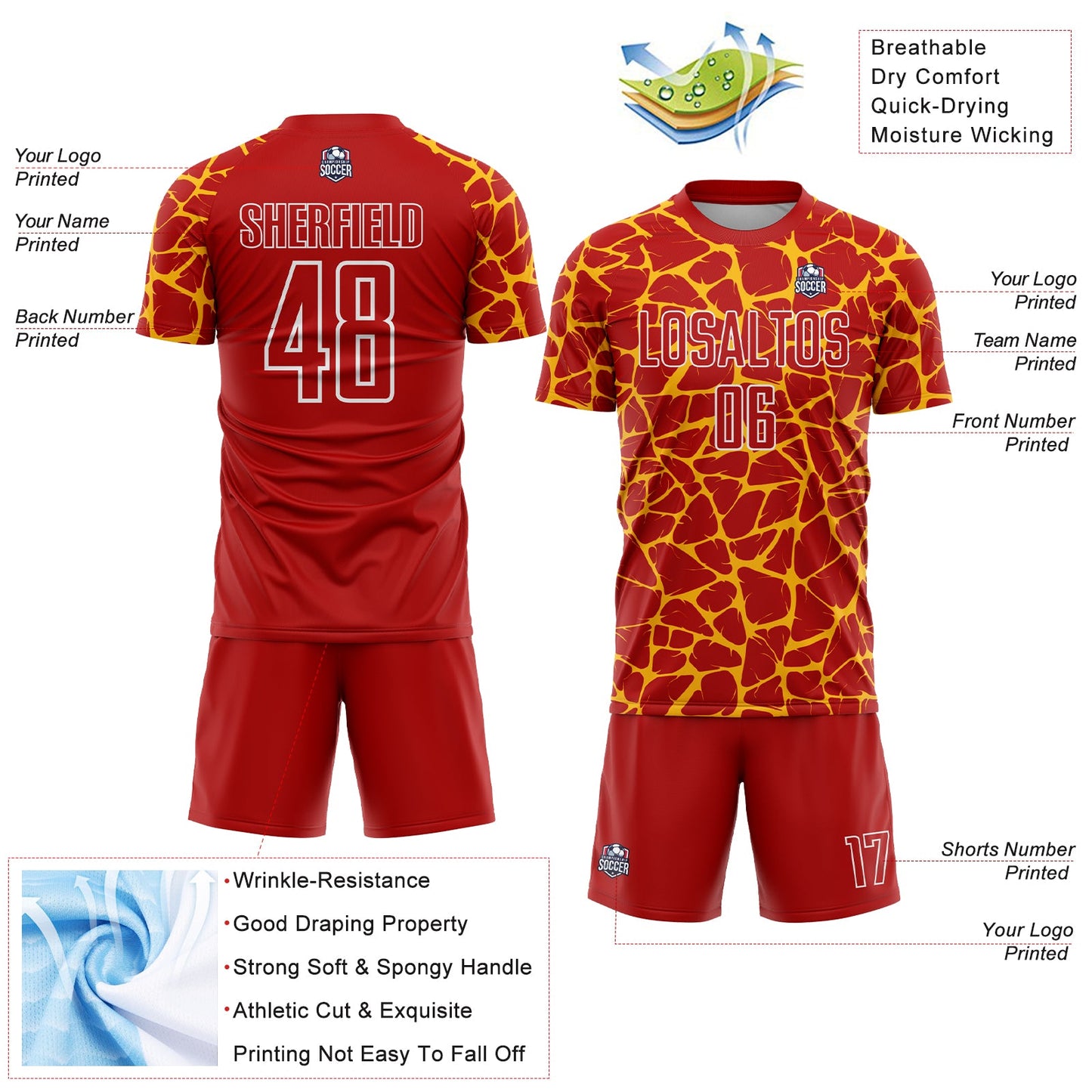 Custom Red Gold-White Abstract Network Splash Sublimation Soccer Uniform Jersey - Sky-Custom
