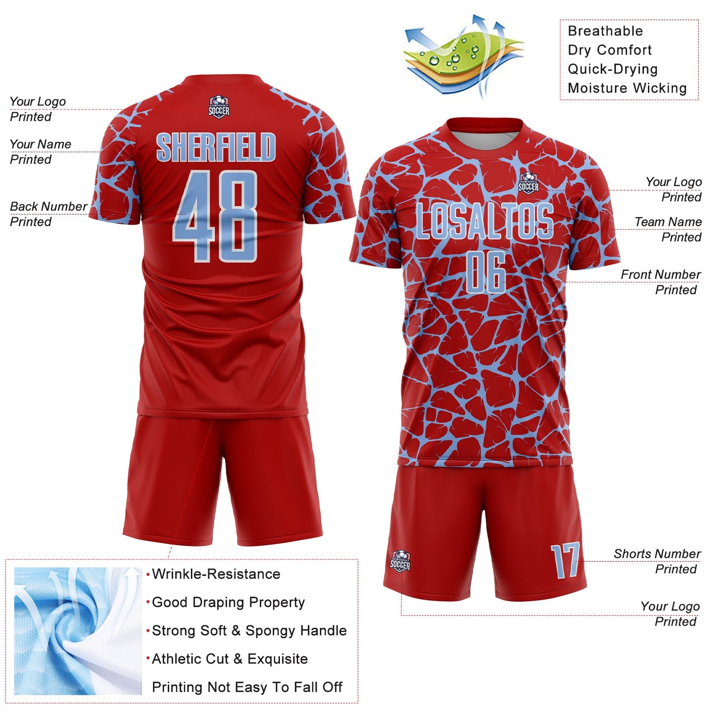 Custom Red Light Blue-White Abstract Network Splash Sublimation Soccer Uniform Jersey - Sky-Custom