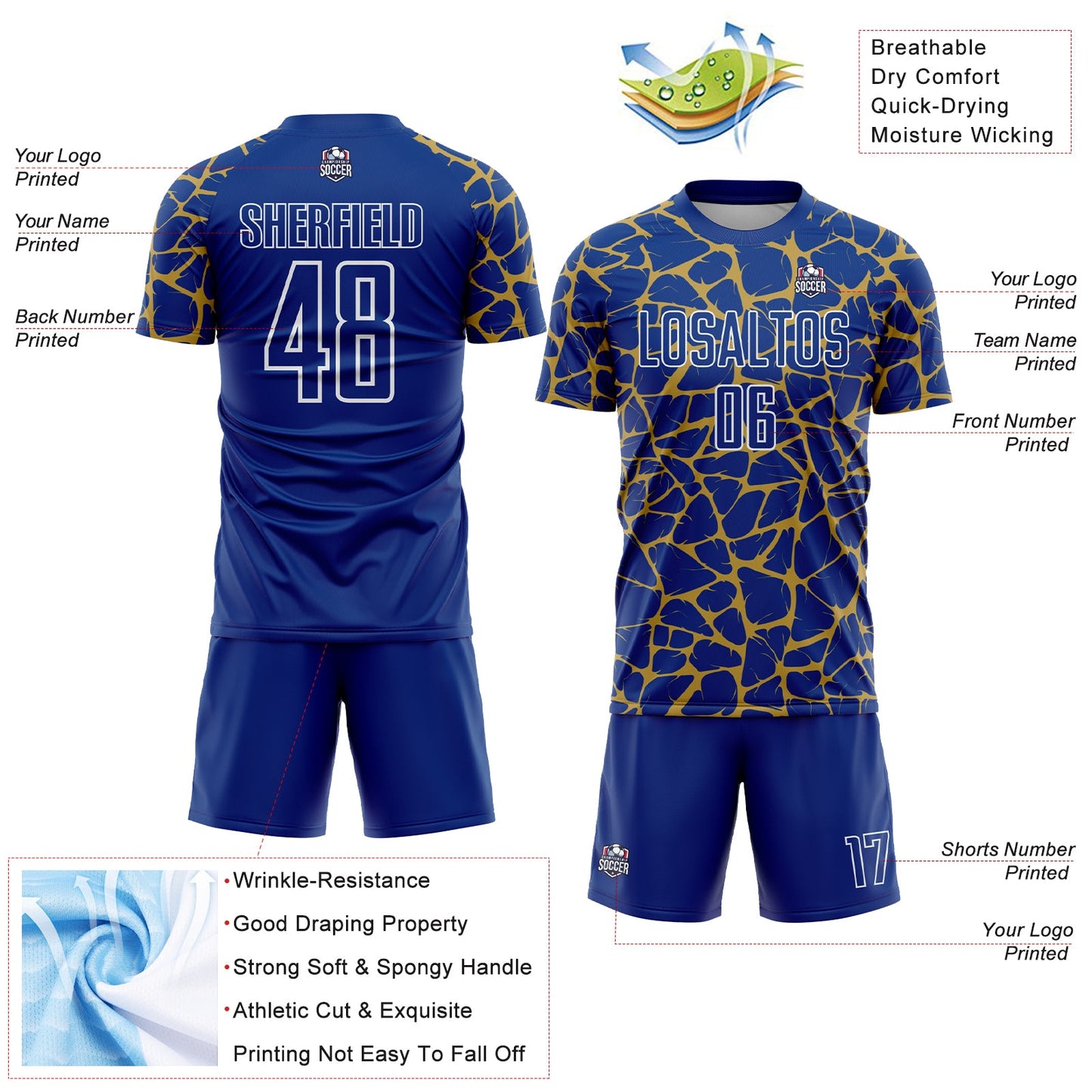 Custom Royal Old Gold-White Abstract Network Splash Sublimation Soccer Uniform Jersey - Sky-Custom