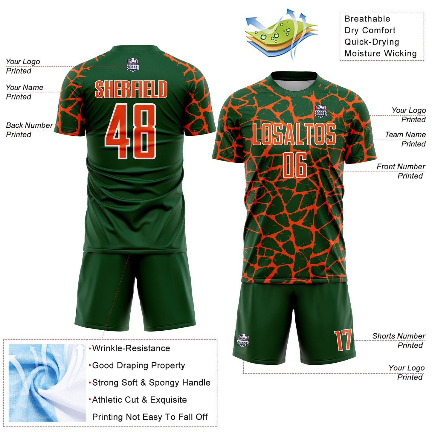 Custom Green Orange-White Abstract Network Splash Sublimation Soccer Uniform Jersey - Sky-Custom