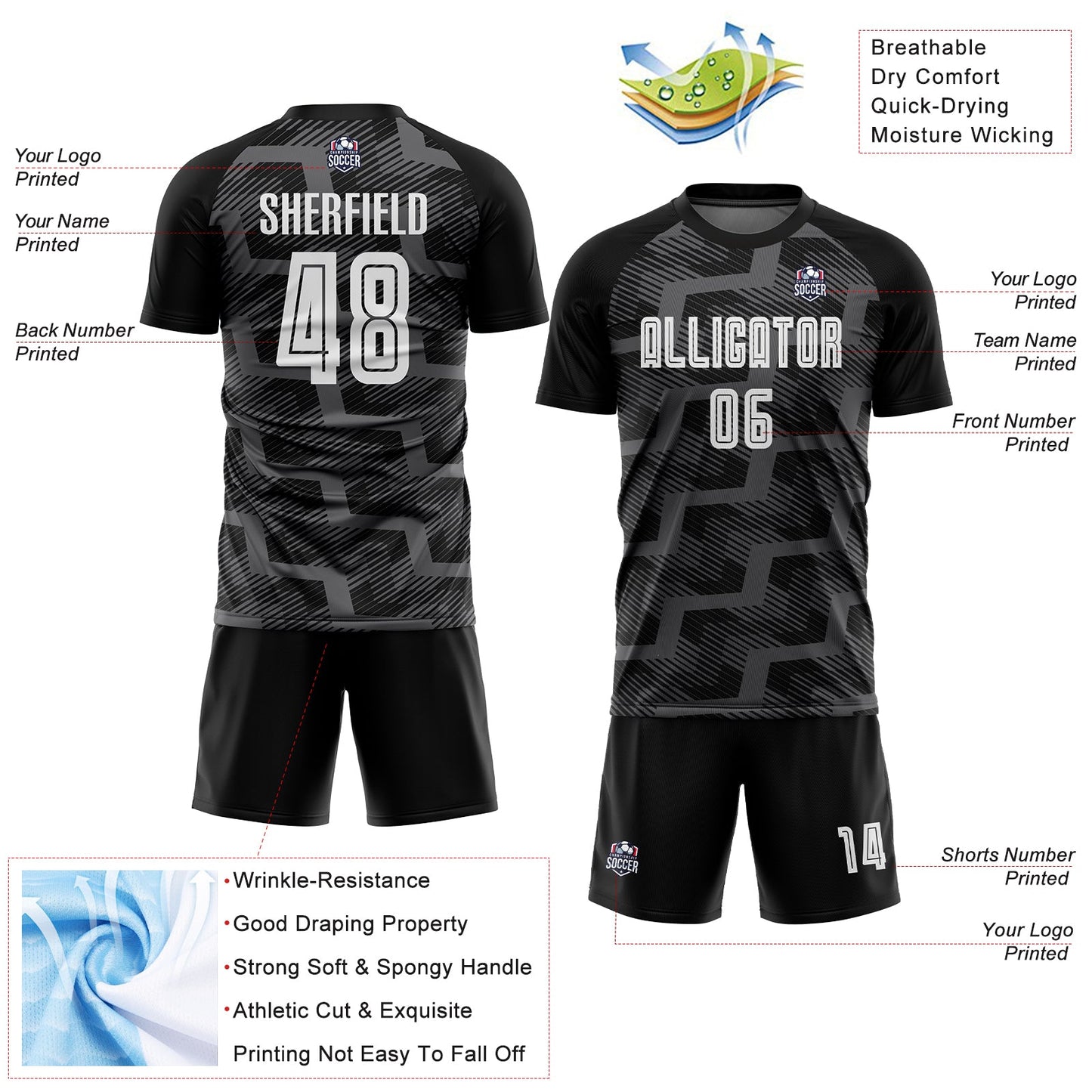 Custom Black White-Steel Gray Line Sublimation Soccer Uniform Jersey - Sky-Custom