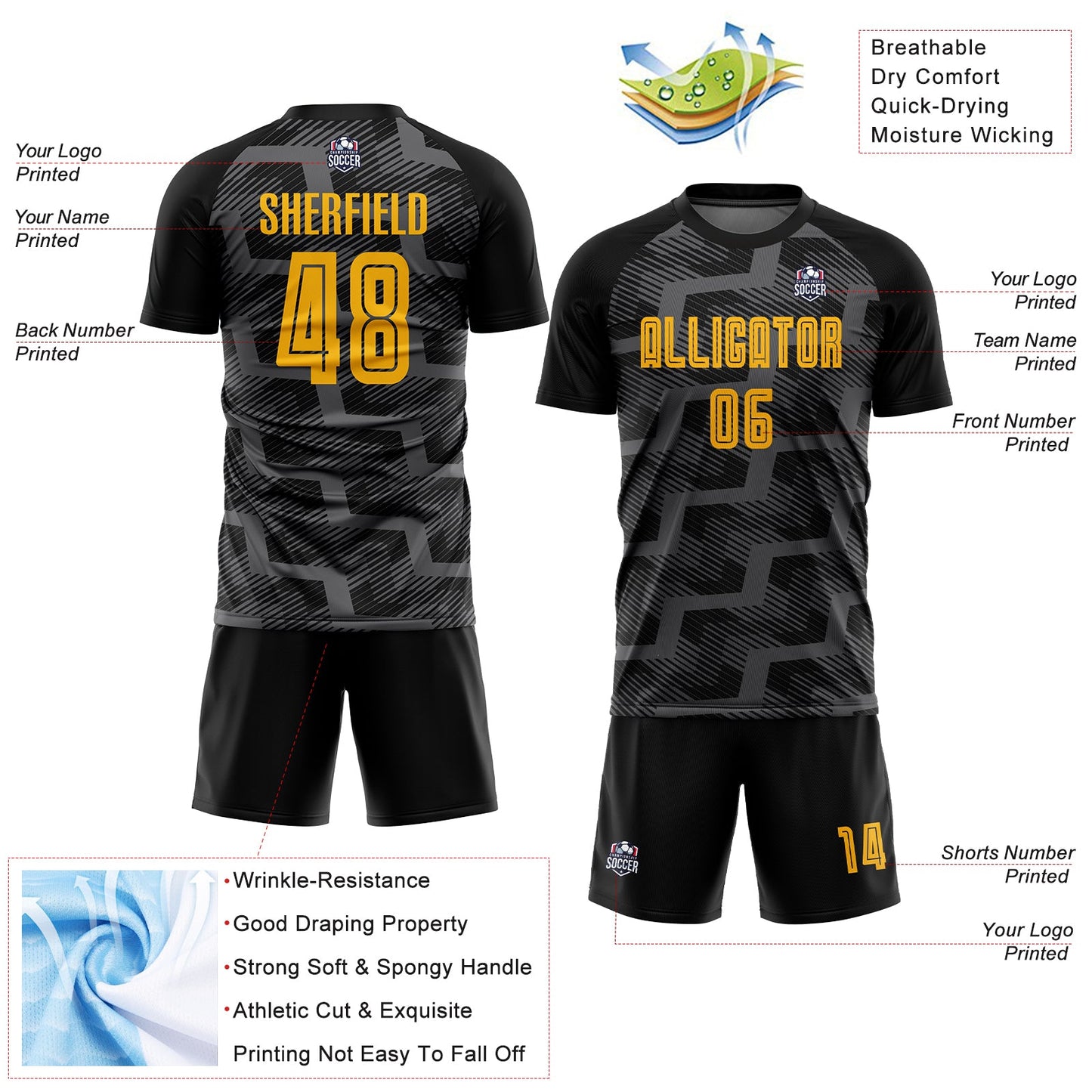 Custom Black Gold-Steel Gray Line Sublimation Soccer Uniform Jersey - Sky-Custom