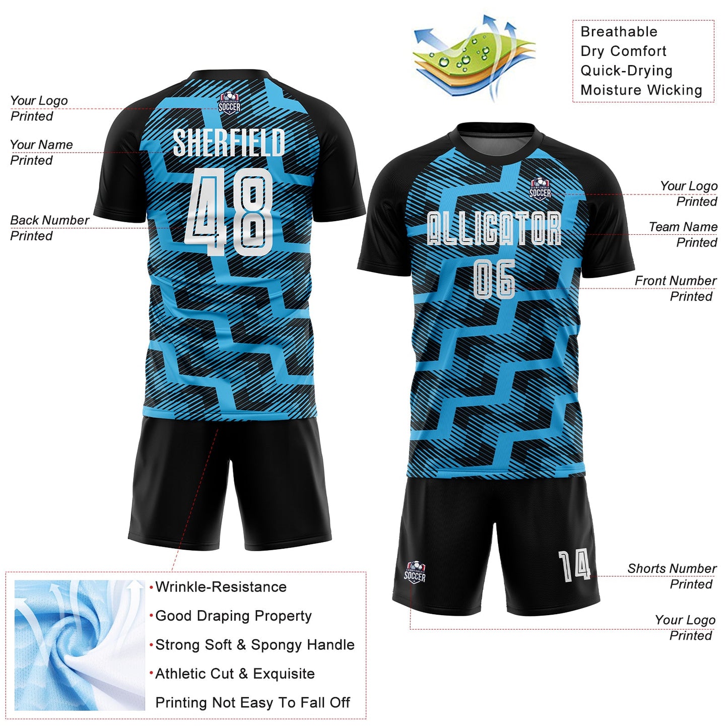 Custom Black White-Sky Blue Line Sublimation Soccer Uniform Jersey - Sky-Custom