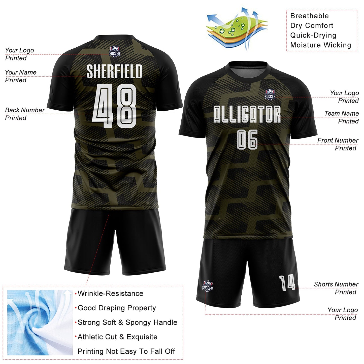 Custom Black White-Olive Line Sublimation Soccer Uniform Jersey - Sky-Custom