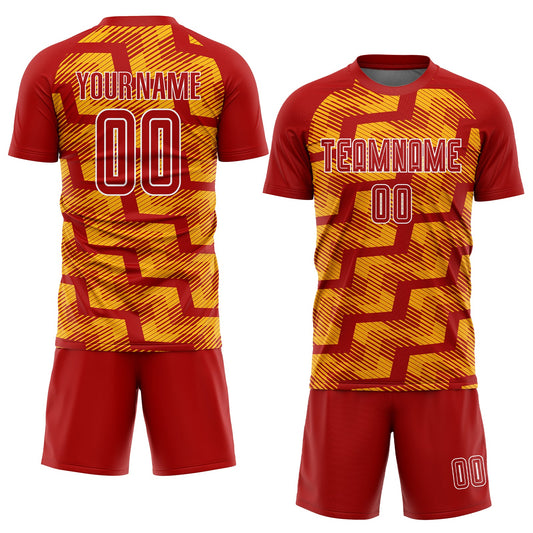 Custom Red Gold-White Line Sublimation Soccer Uniform Jersey - Sky-Custom