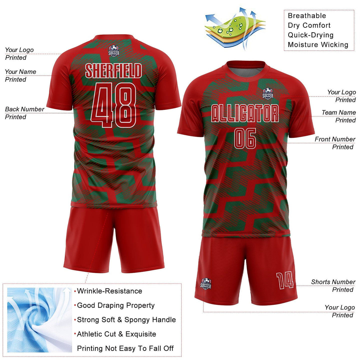 Custom Red Kelly Green-White Line Sublimation Soccer Uniform Jersey - Sky-Custom