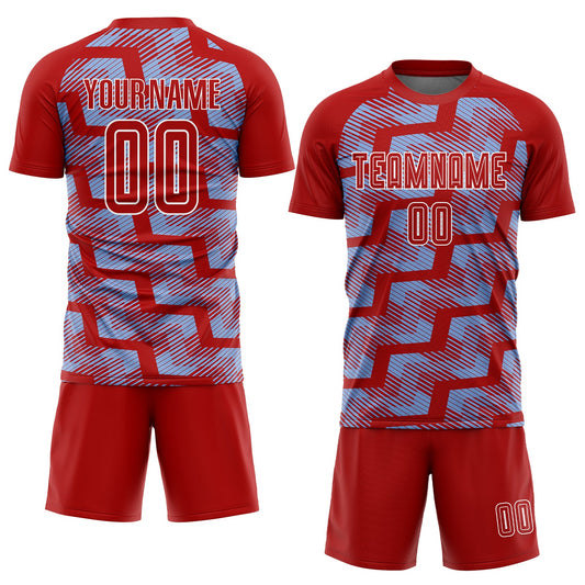 Custom Red Light Blue-White Line Sublimation Soccer Uniform Jersey - Sky-Custom