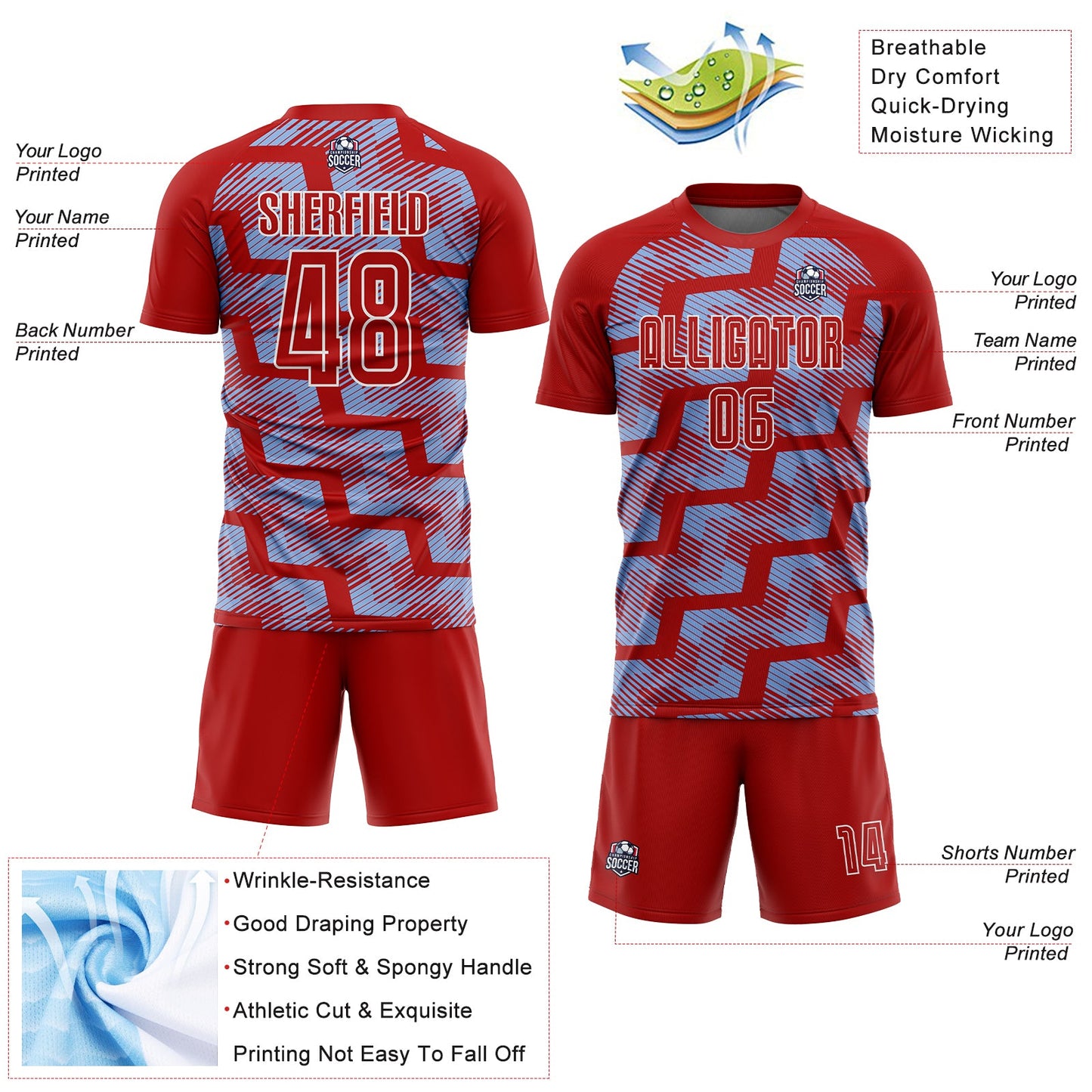 Custom Red Light Blue-White Line Sublimation Soccer Uniform Jersey - Sky-Custom