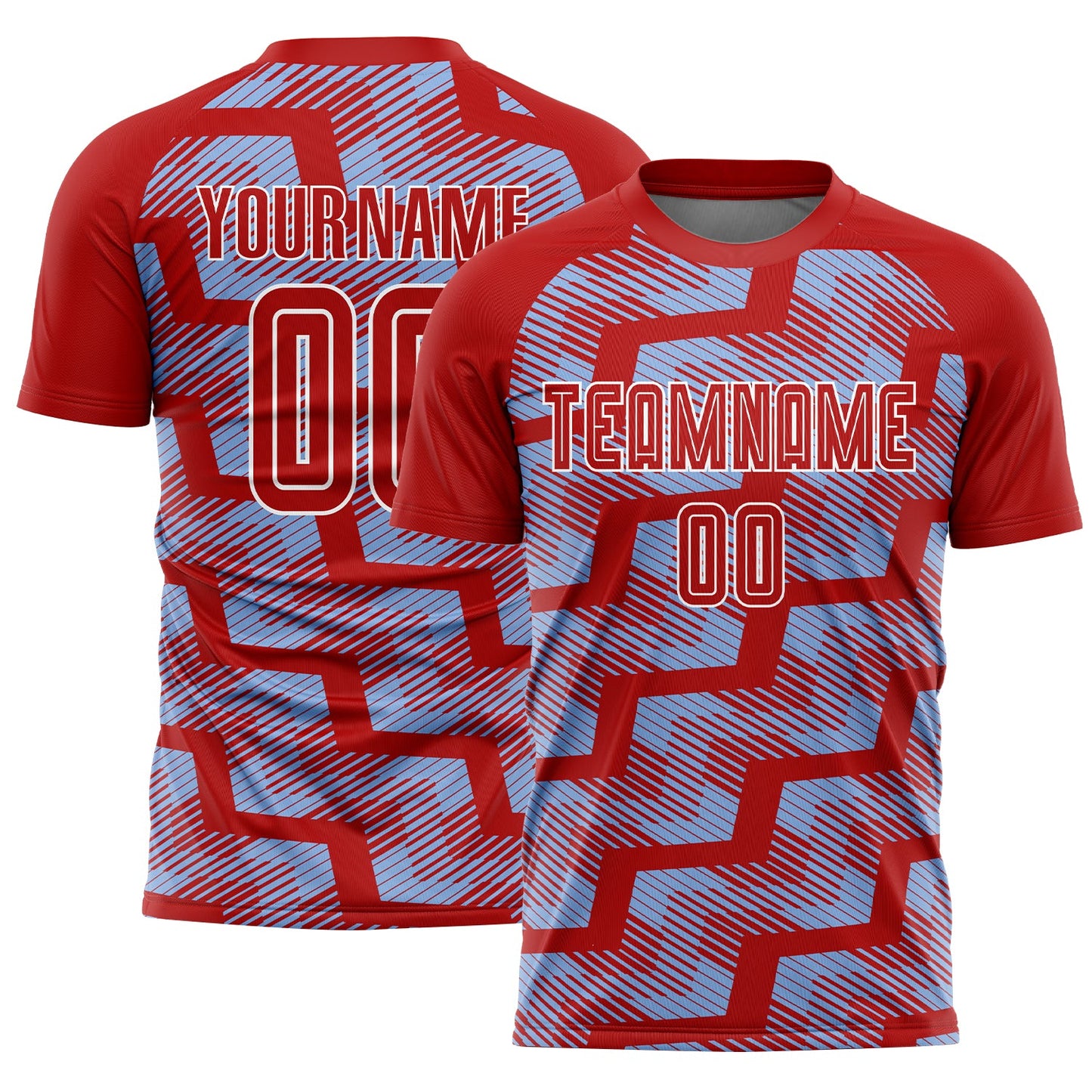 Custom Red Light Blue-White Line Sublimation Soccer Uniform Jersey - Sky-Custom