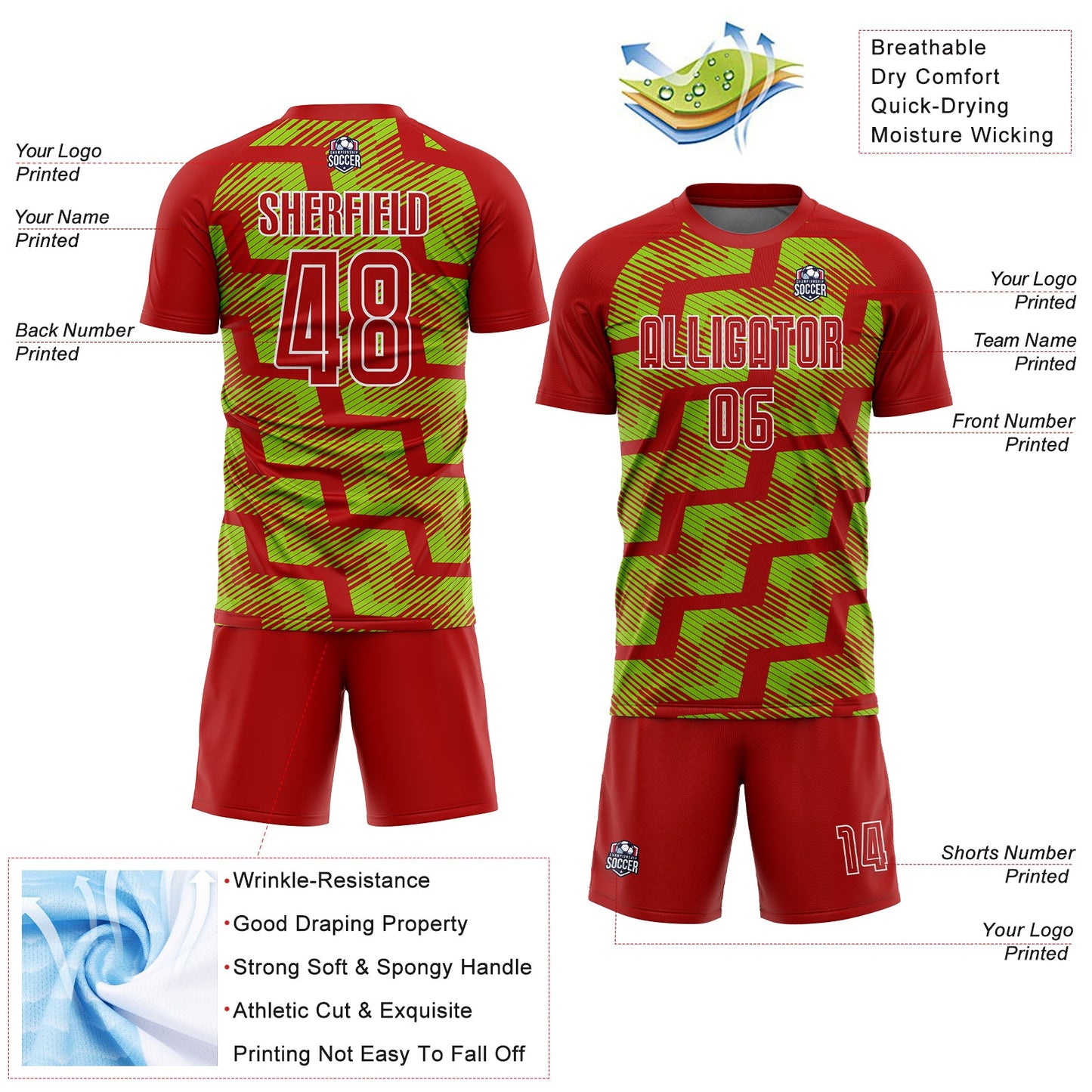Custom Red Neon Green-White Line Sublimation Soccer Uniform Jersey - Sky-Custom