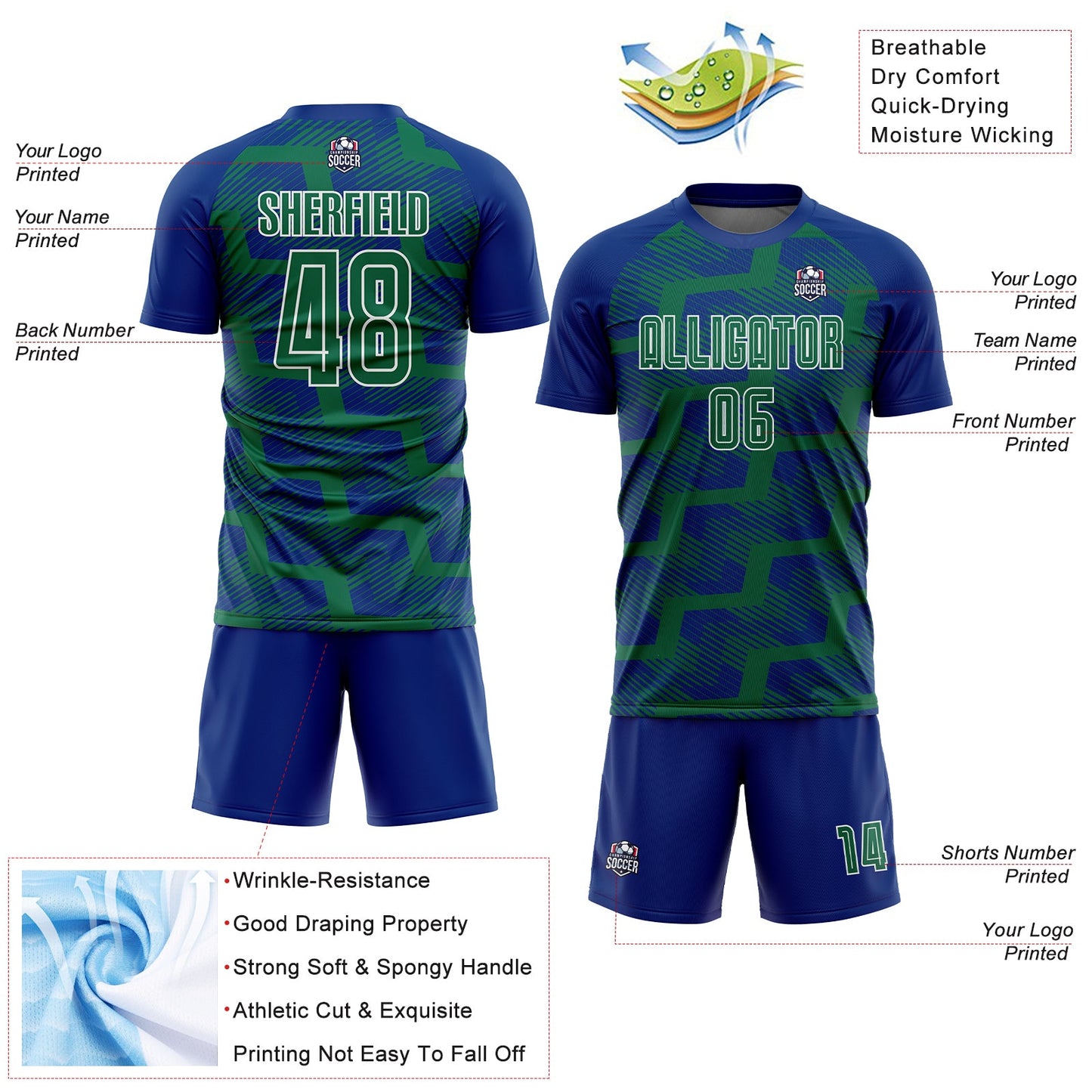 Custom Royal Kelly Green-White Line Sublimation Soccer Uniform Jersey - Sky-Custom