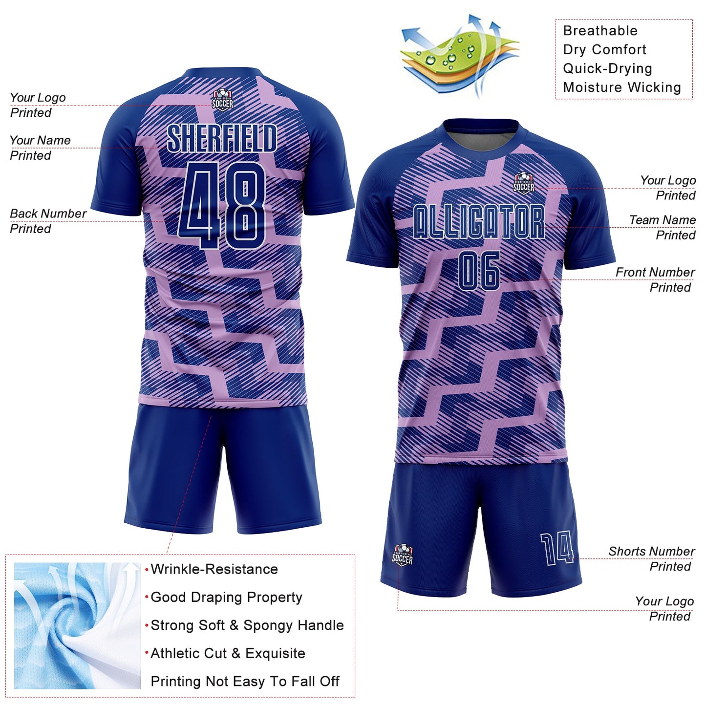 Custom Royal Light Purple-White Line Sublimation Soccer Uniform Jersey - Sky-Custom