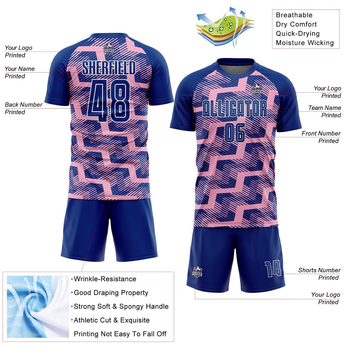 Custom Royal Light Pink-White Line Sublimation Soccer Uniform Jersey - Sky-Custom