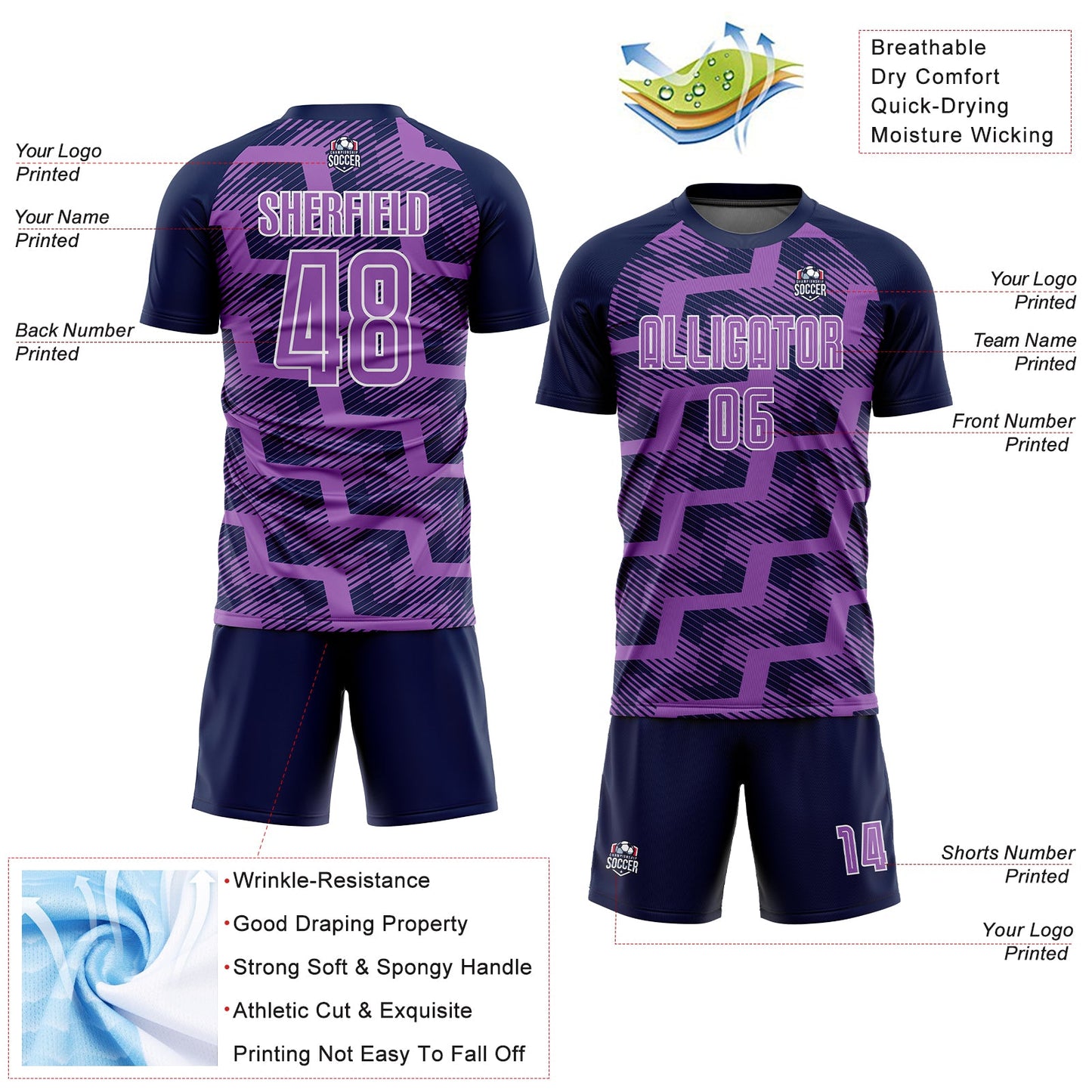 Custom Navy Medium Purple-White Line Sublimation Soccer Uniform Jersey - Sky-Custom