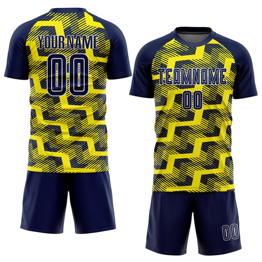 Custom Navy Light Yellow-White Line Sublimation Soccer Uniform Jersey - Sky-Custom