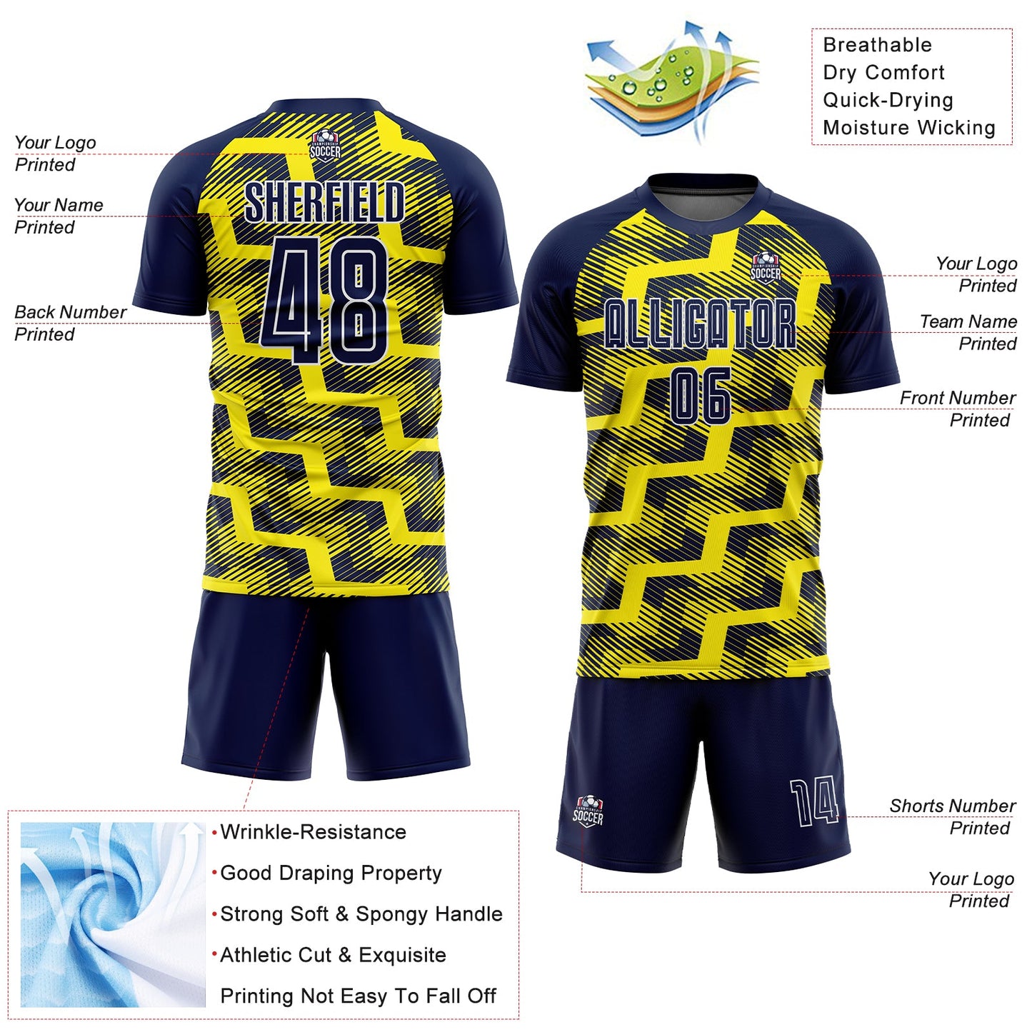 Custom Navy Light Yellow-White Line Sublimation Soccer Uniform Jersey - Sky-Custom