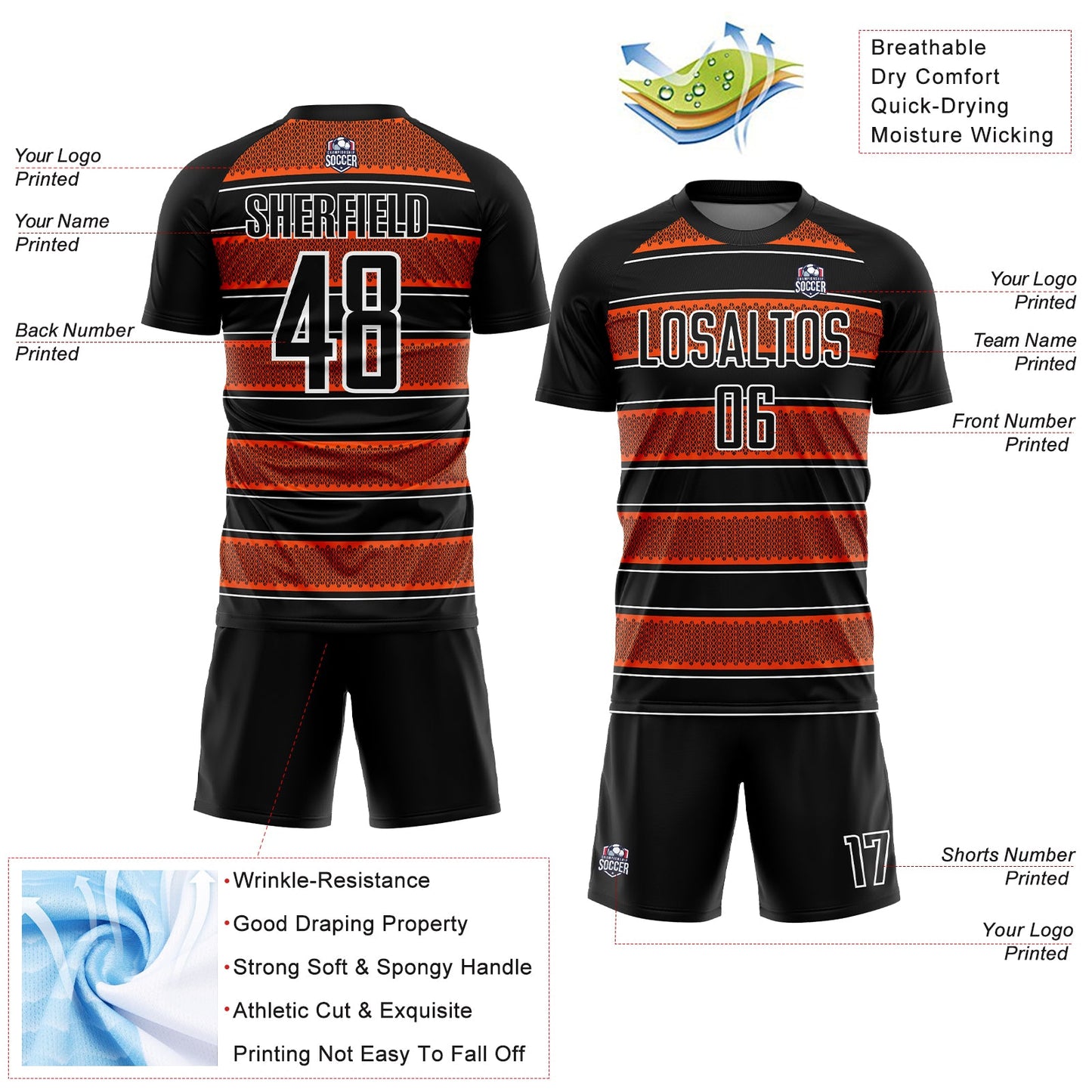 Custom Black Orange-White Geometric Shapes And Line Sublimation Soccer Uniform Jersey - Sky-Custom