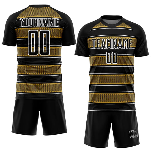 Custom Black Old Gold-White Geometric Shapes And Line Sublimation Soccer Uniform Jersey - Sky-Custom