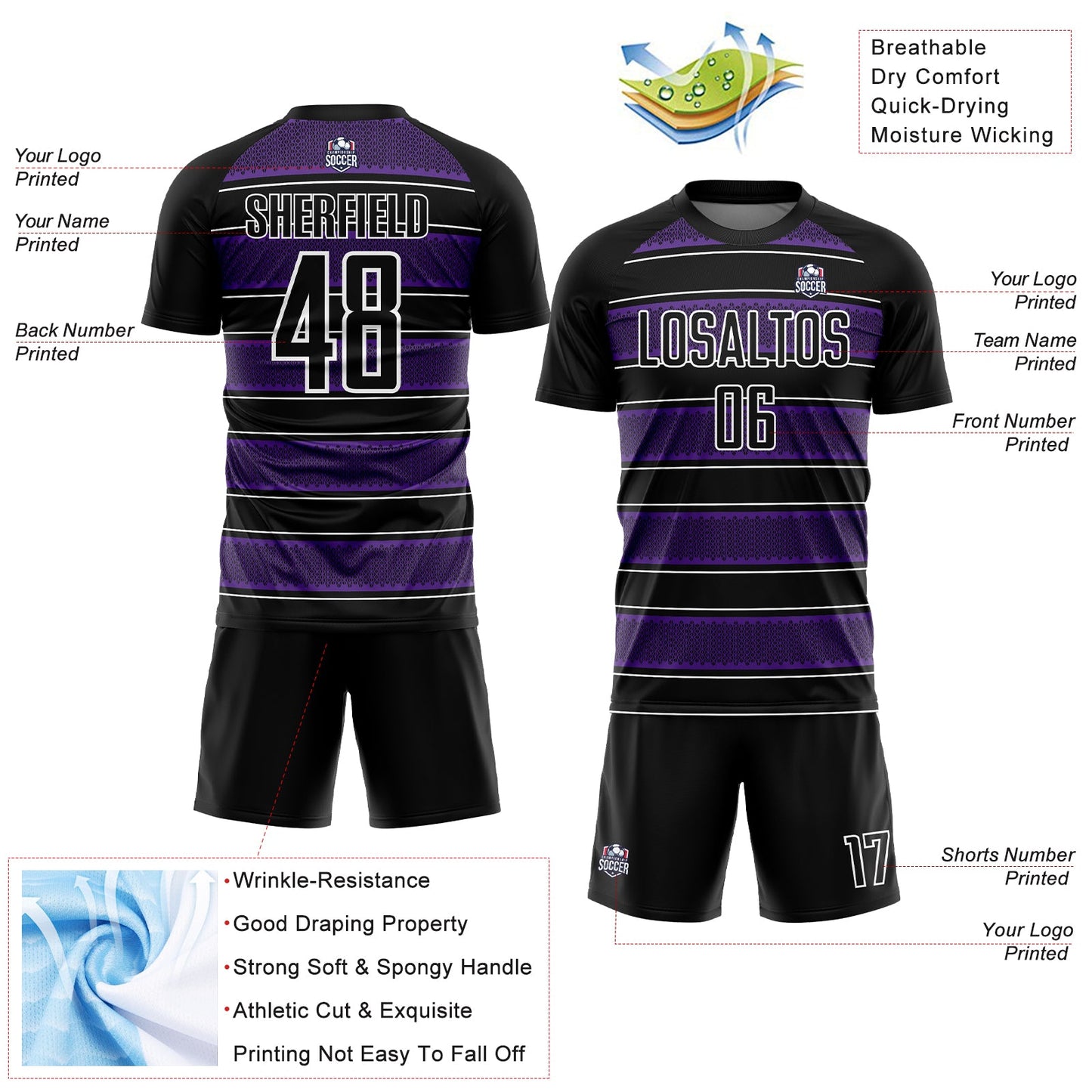 Custom Black Purple-White Geometric Shapes And Line Sublimation Soccer Uniform Jersey - Sky-Custom