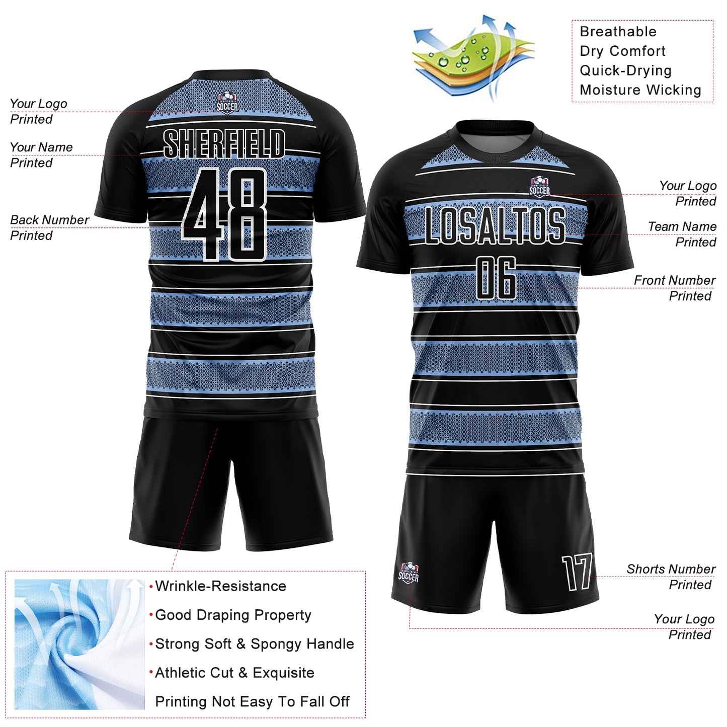Custom Black Light Blue-White Geometric Shapes And Line Sublimation Soccer Uniform Jersey - Sky-Custom