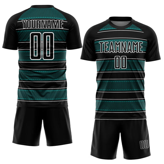 Custom Black Teal-White Geometric Shapes And Line Sublimation Soccer Uniform Jersey - Sky-Custom