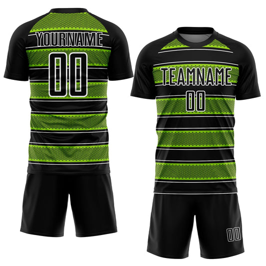 Custom Black Neon Green-White Geometric Shapes And Line Sublimation Soccer Uniform Jersey - Sky-Custom