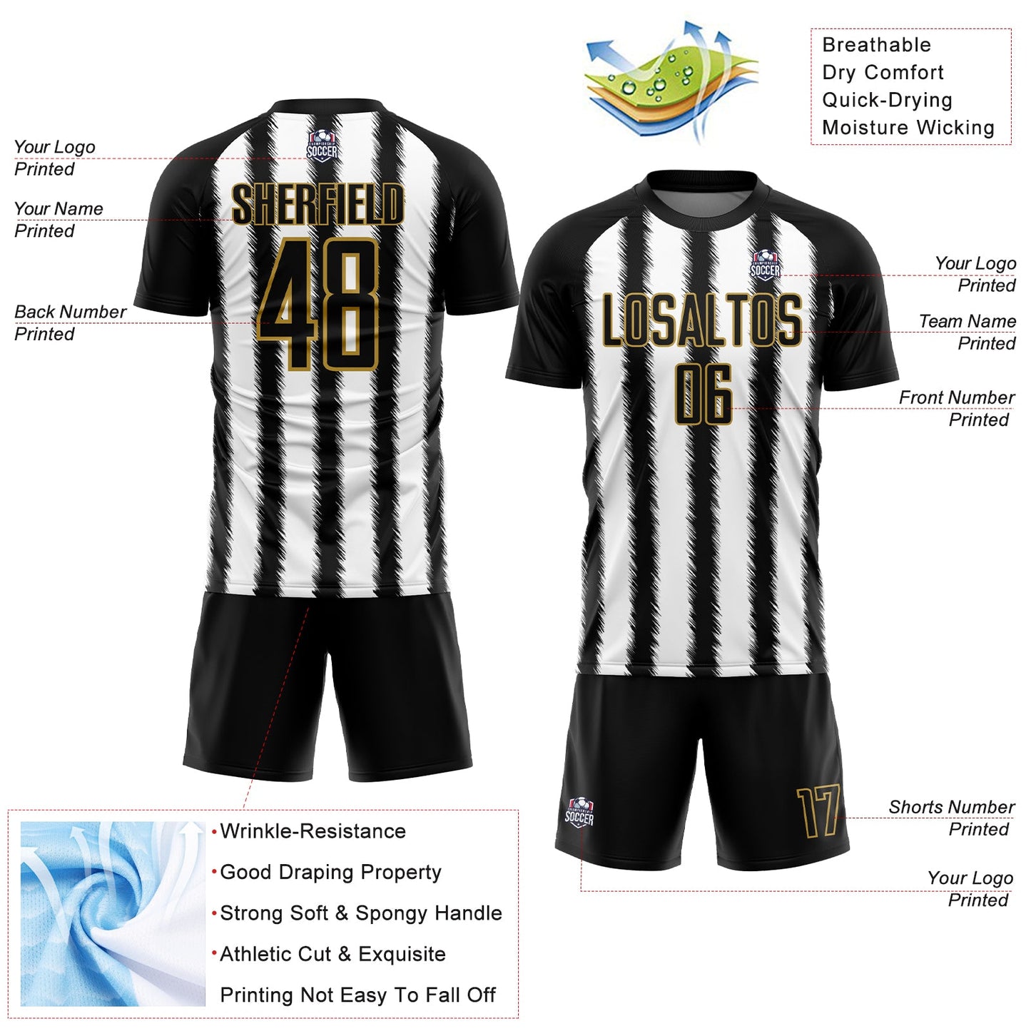 Custom Black White-Old Gold Line Sublimation Soccer Uniform Jersey - Sky-Custom