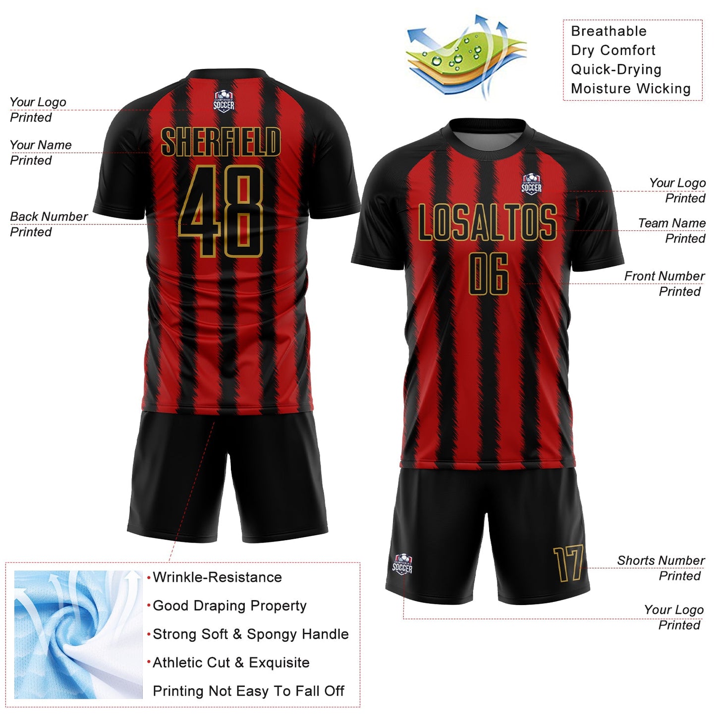 Custom Black Red-Old Gold Line Sublimation Soccer Uniform Jersey - Sky-Custom