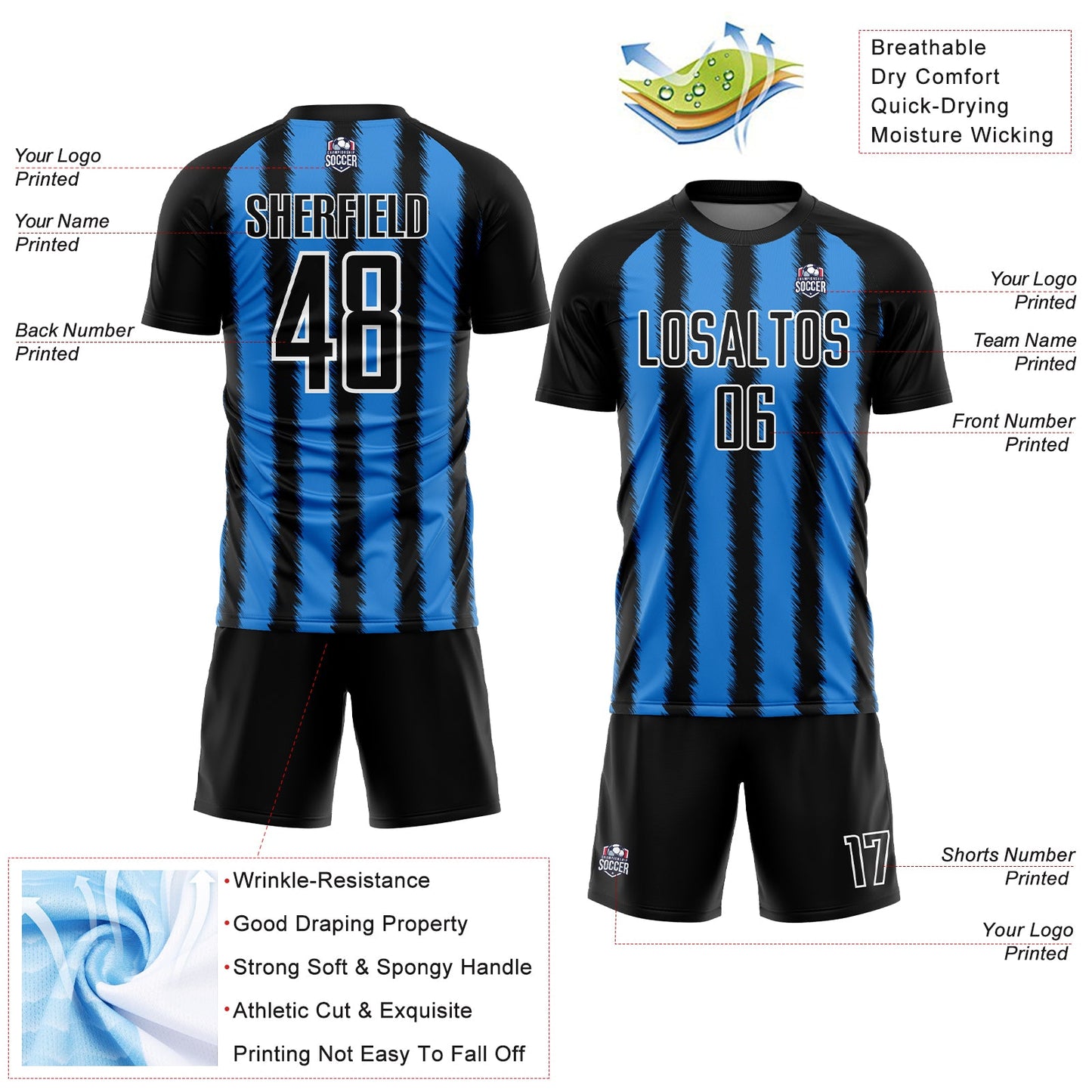 Custom Black Powder Blue-White Line Sublimation Soccer Uniform Jersey - Sky-Custom