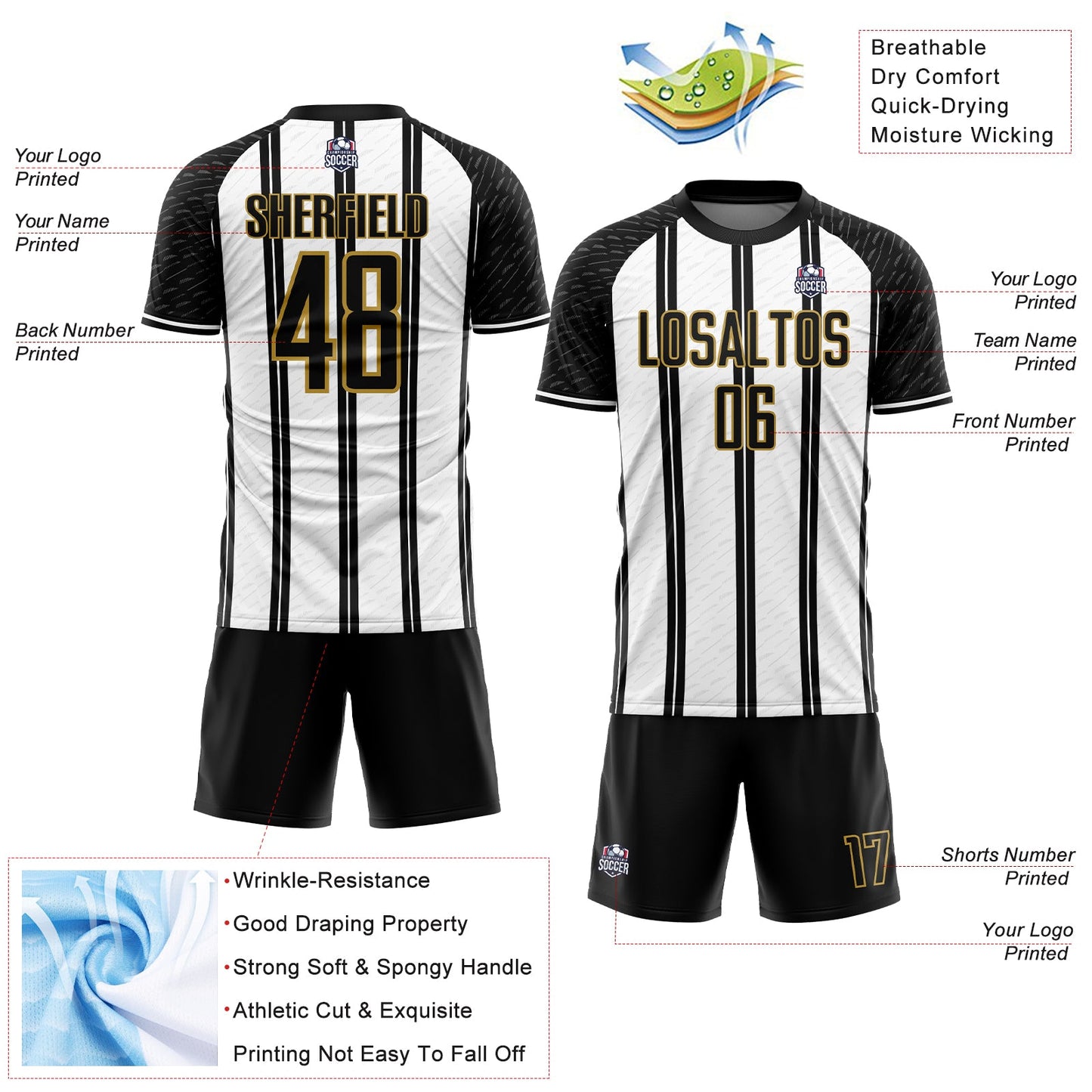 Custom Black White-Old Gold Line Sublimation Soccer Uniform Jersey - Sky-Custom