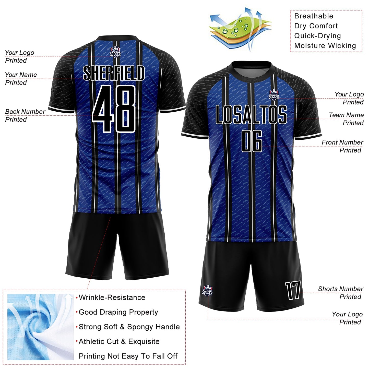Custom Black Royal-White Line Sublimation Soccer Uniform Jersey - Sky-Custom