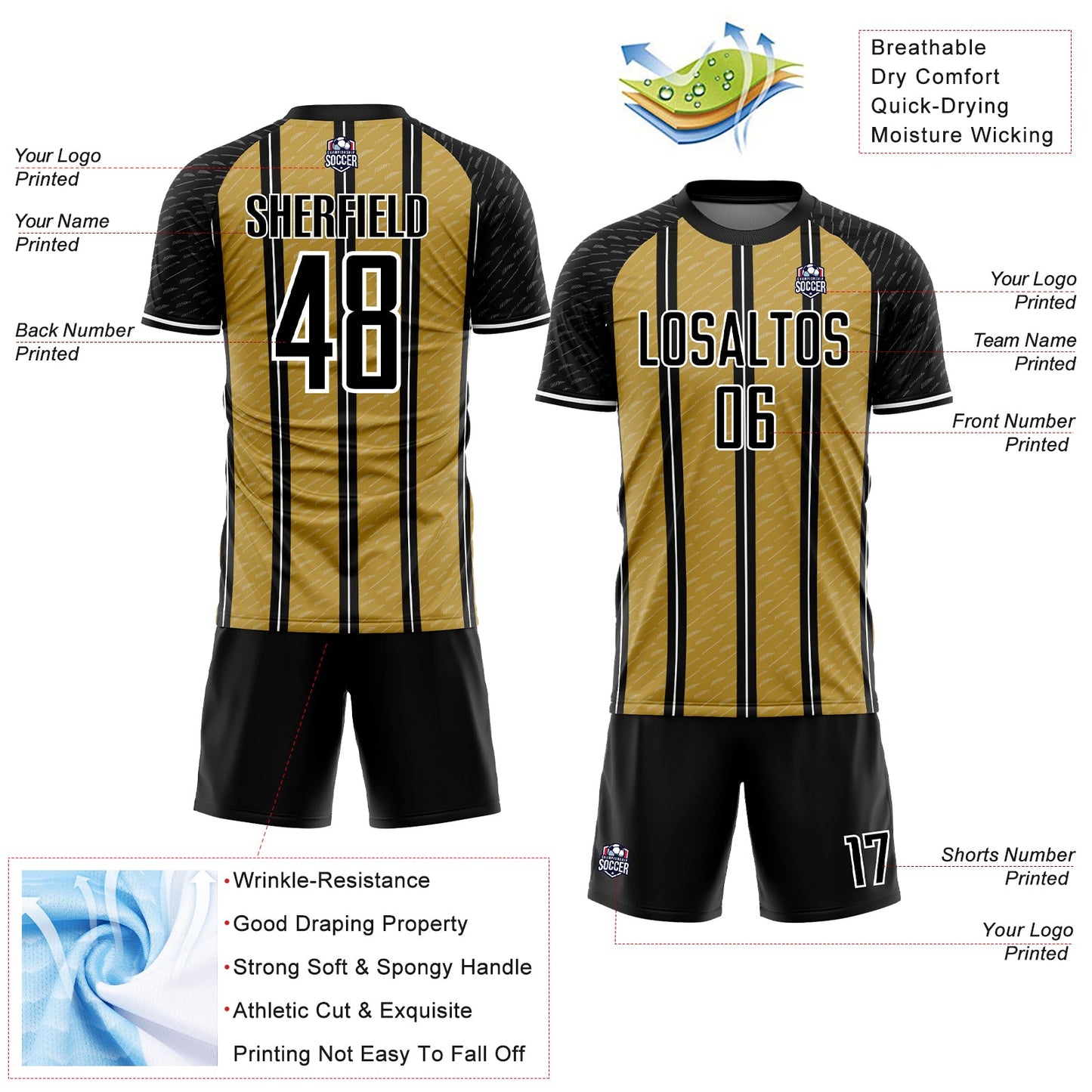 Custom Black Old Gold-White Line Sublimation Soccer Uniform Jersey - Sky-Custom
