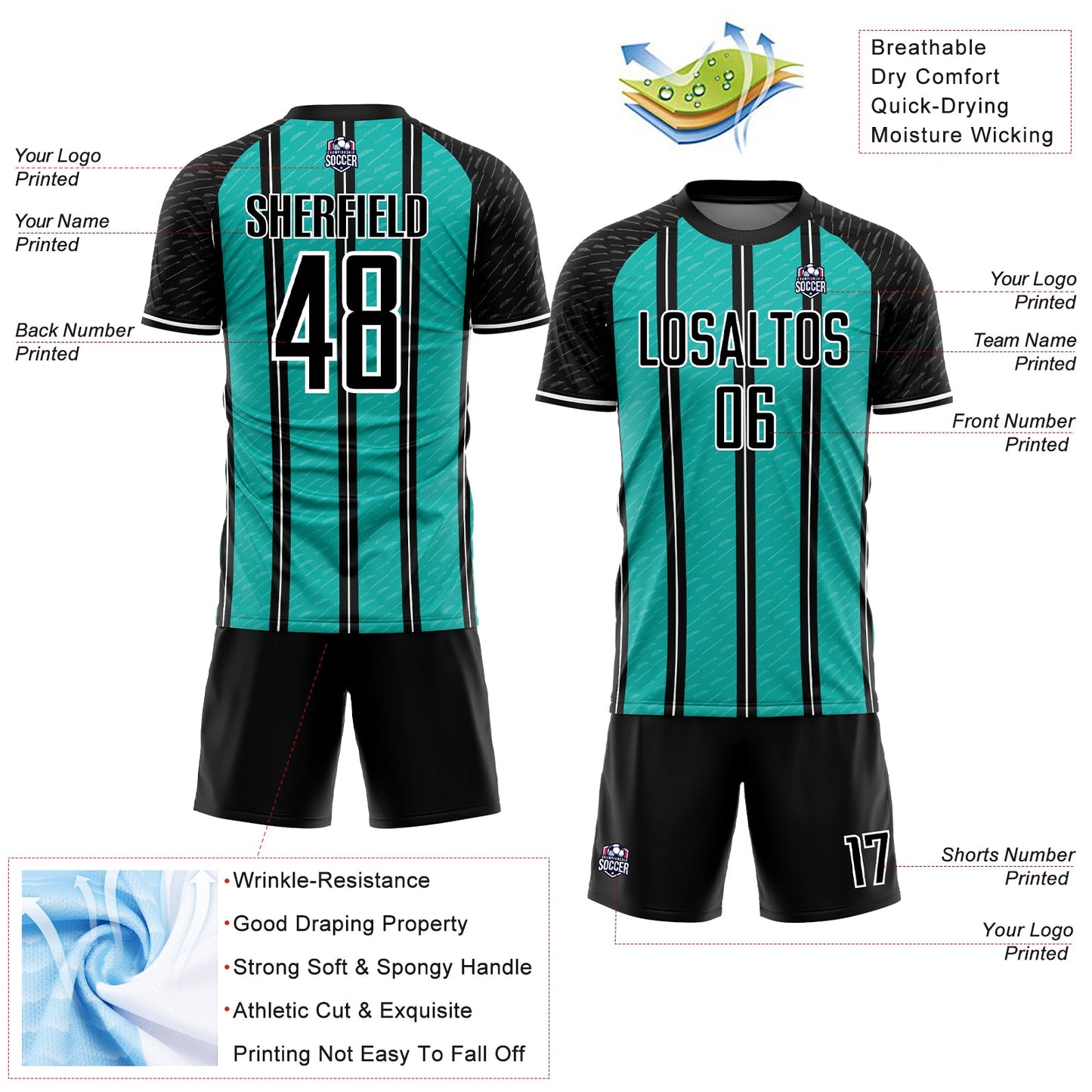 Custom Black Aqua-White Line Sublimation Soccer Uniform Jersey - Sky-Custom