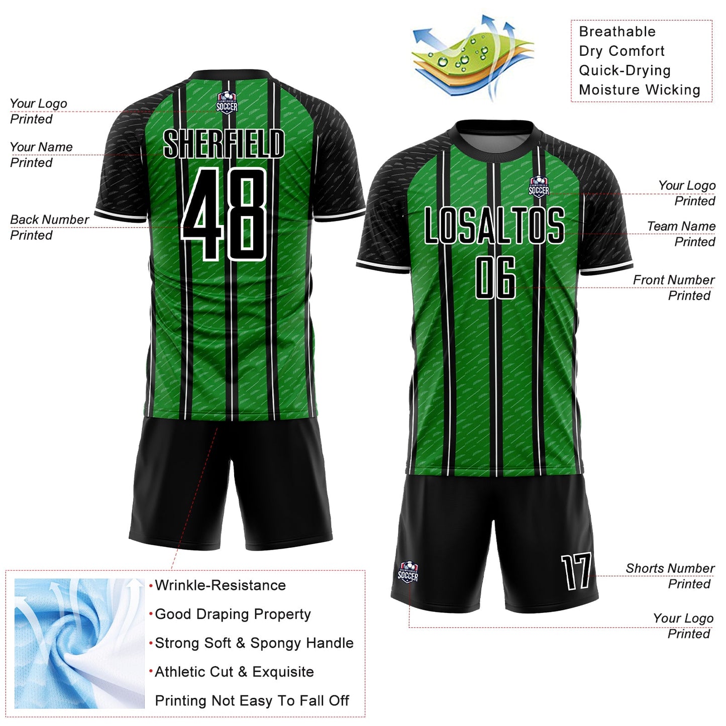 Custom Black Grass Green-White Line Sublimation Soccer Uniform Jersey - Sky-Custom