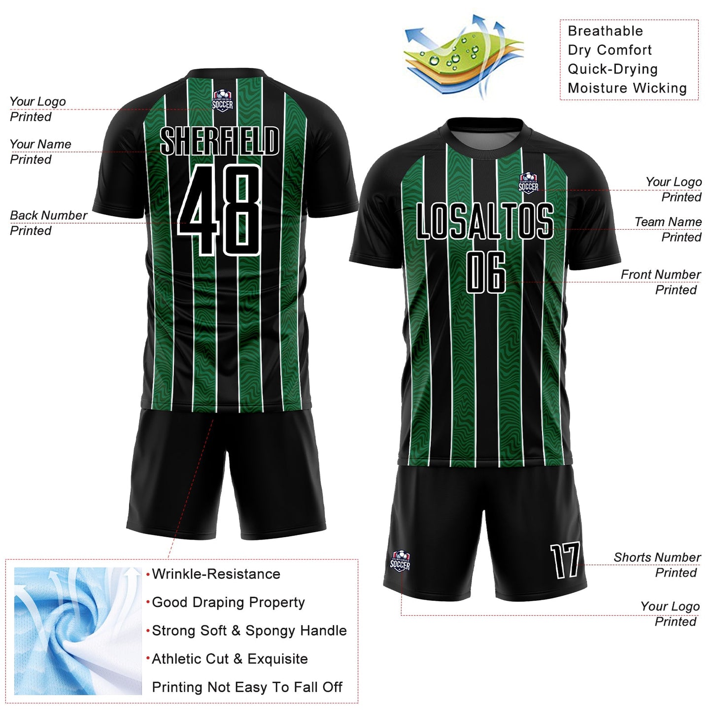 Custom Black Kelly Green-White Line Sublimation Soccer Uniform Jersey - Sky-Custom