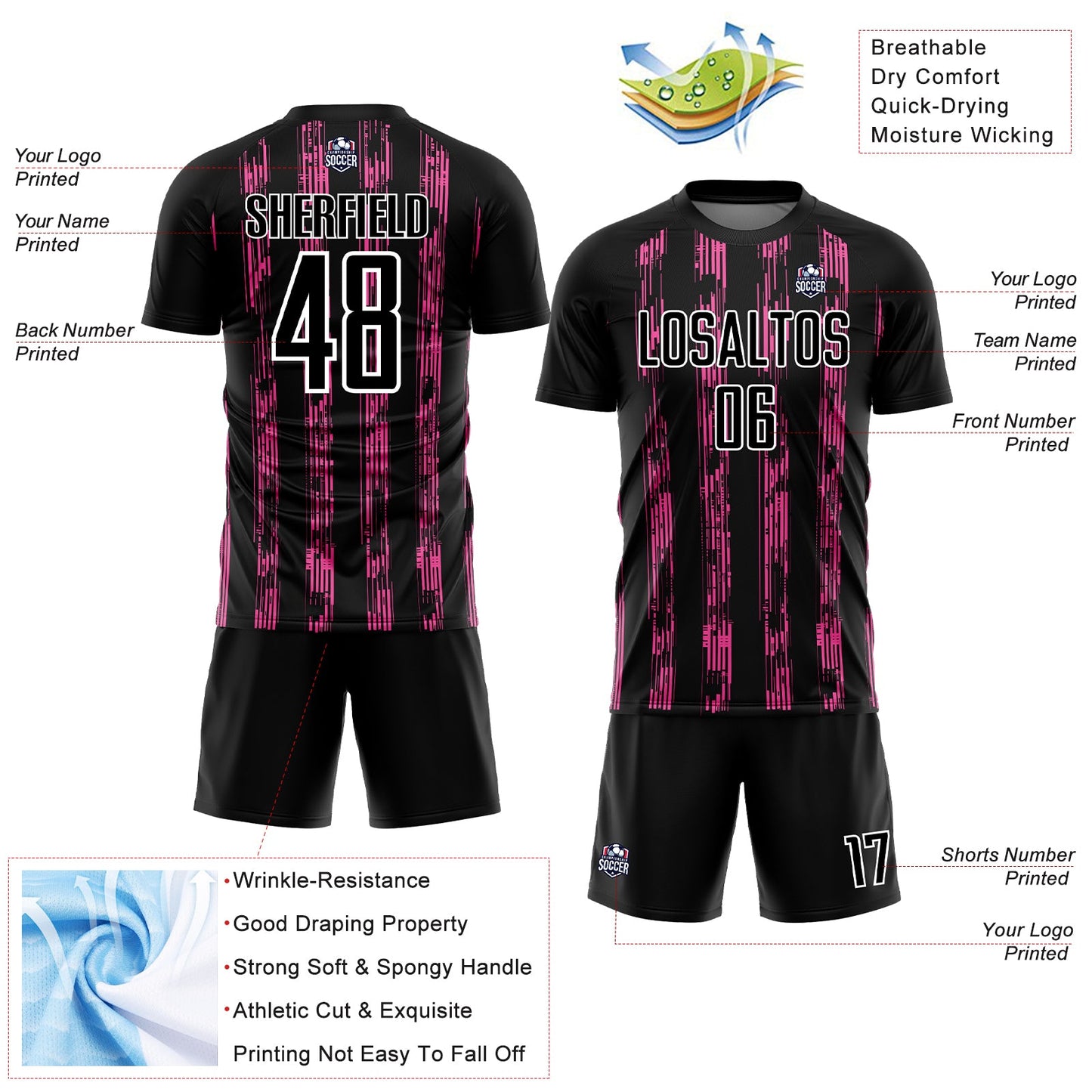 Custom Black Pink-White Line Sublimation Soccer Uniform Jersey - Sky-Custom