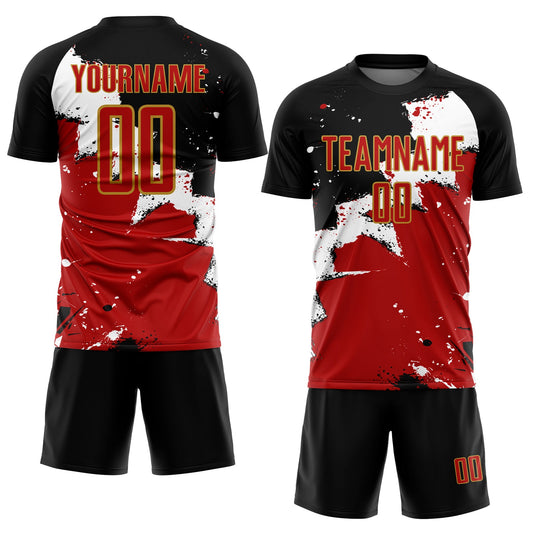 Custom Black Red-Old Gold Splash Sublimation Soccer Uniform Jersey - Sky-Custom