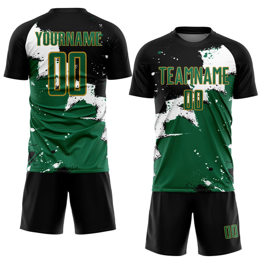 Custom Black Kelly Green-Old Gold Splash Sublimation Soccer Uniform Jersey - Sky-Custom