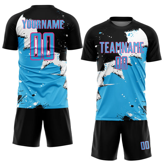 Custom Black Sky Blue-Pink Splash Sublimation Soccer Uniform Jersey - Sky-Custom