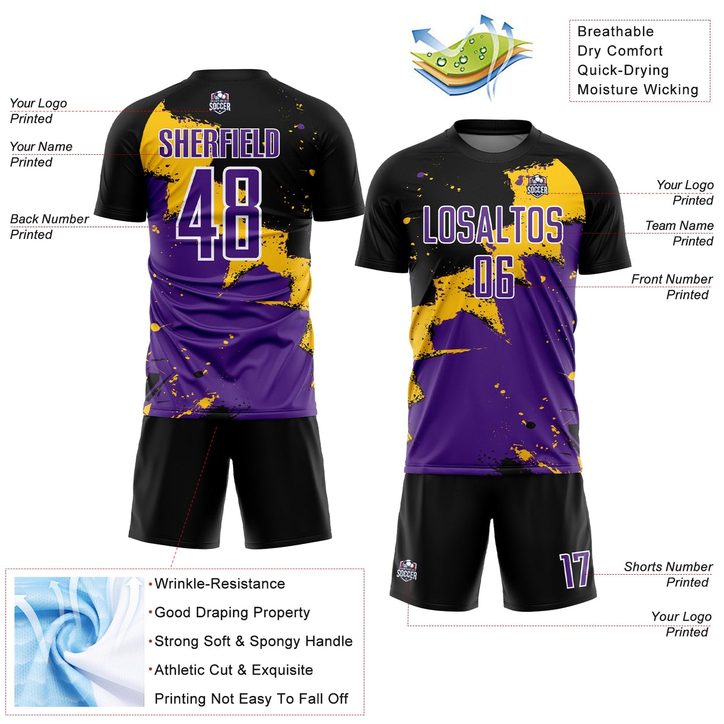 Custom Black Purple-Yellow Splash Sublimation Soccer Uniform Jersey - Sky-Custom