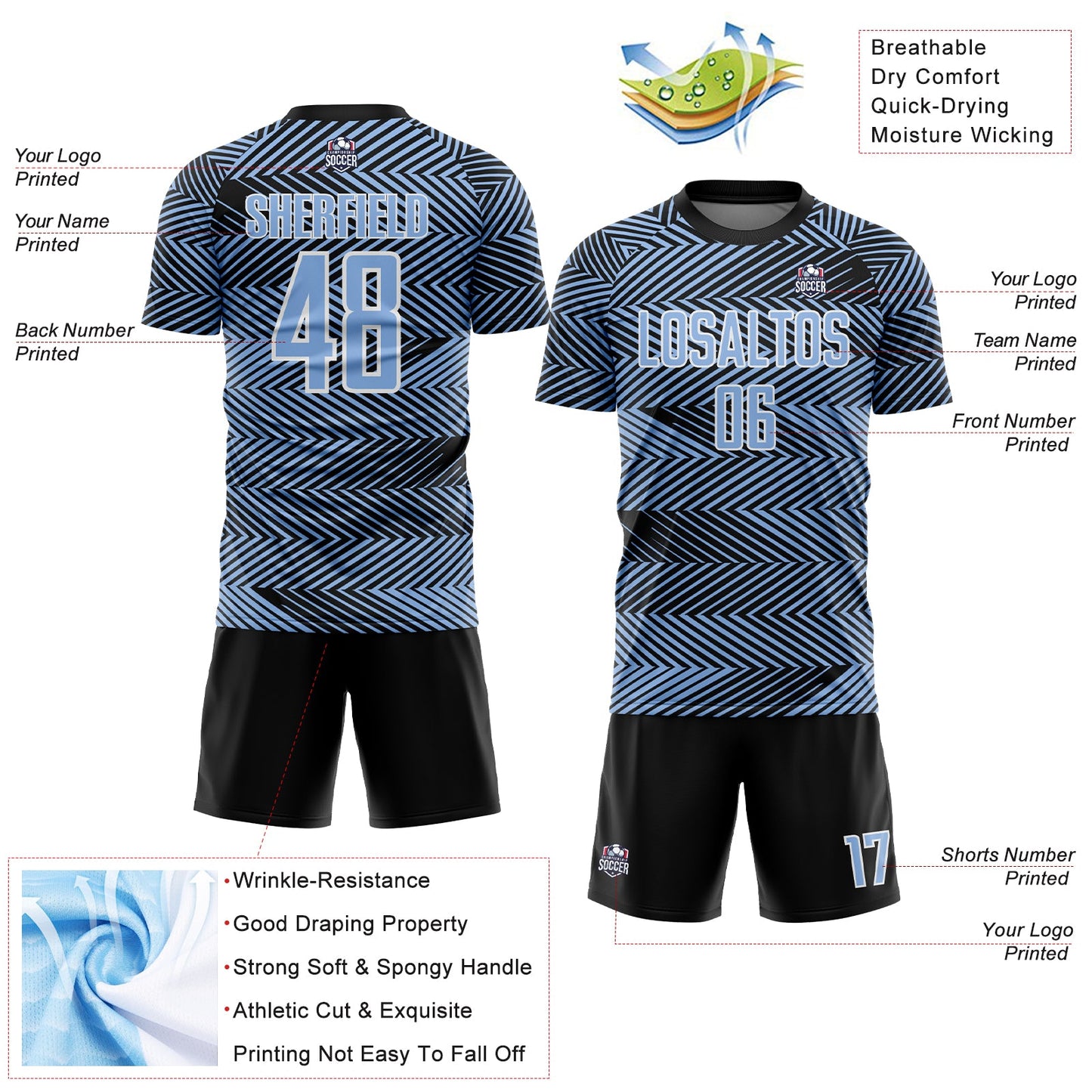 Custom Light Blue Black-White Line Sublimation Soccer Uniform Jersey - Sky-Custom
