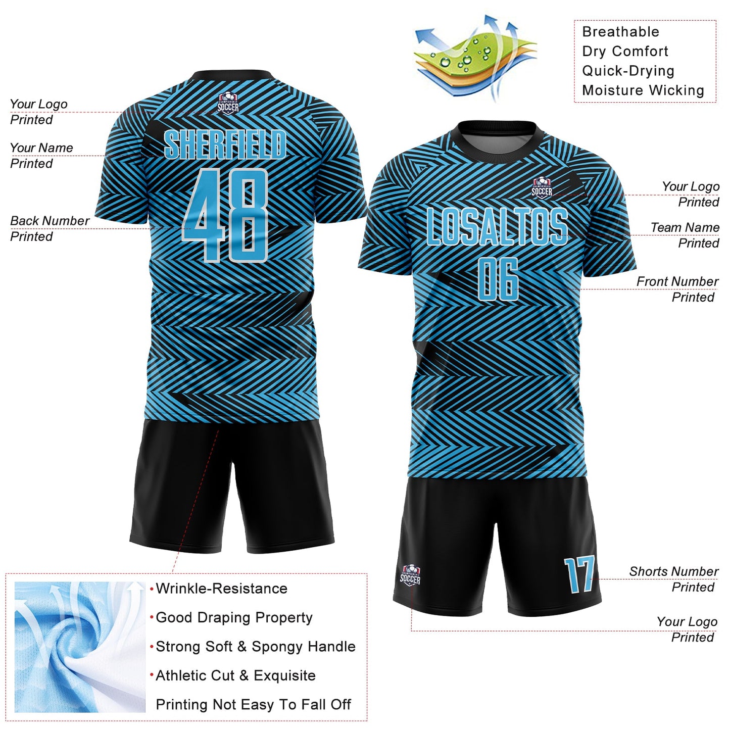 Custom Sky Blue Black-White Line Sublimation Soccer Uniform Jersey - Sky-Custom
