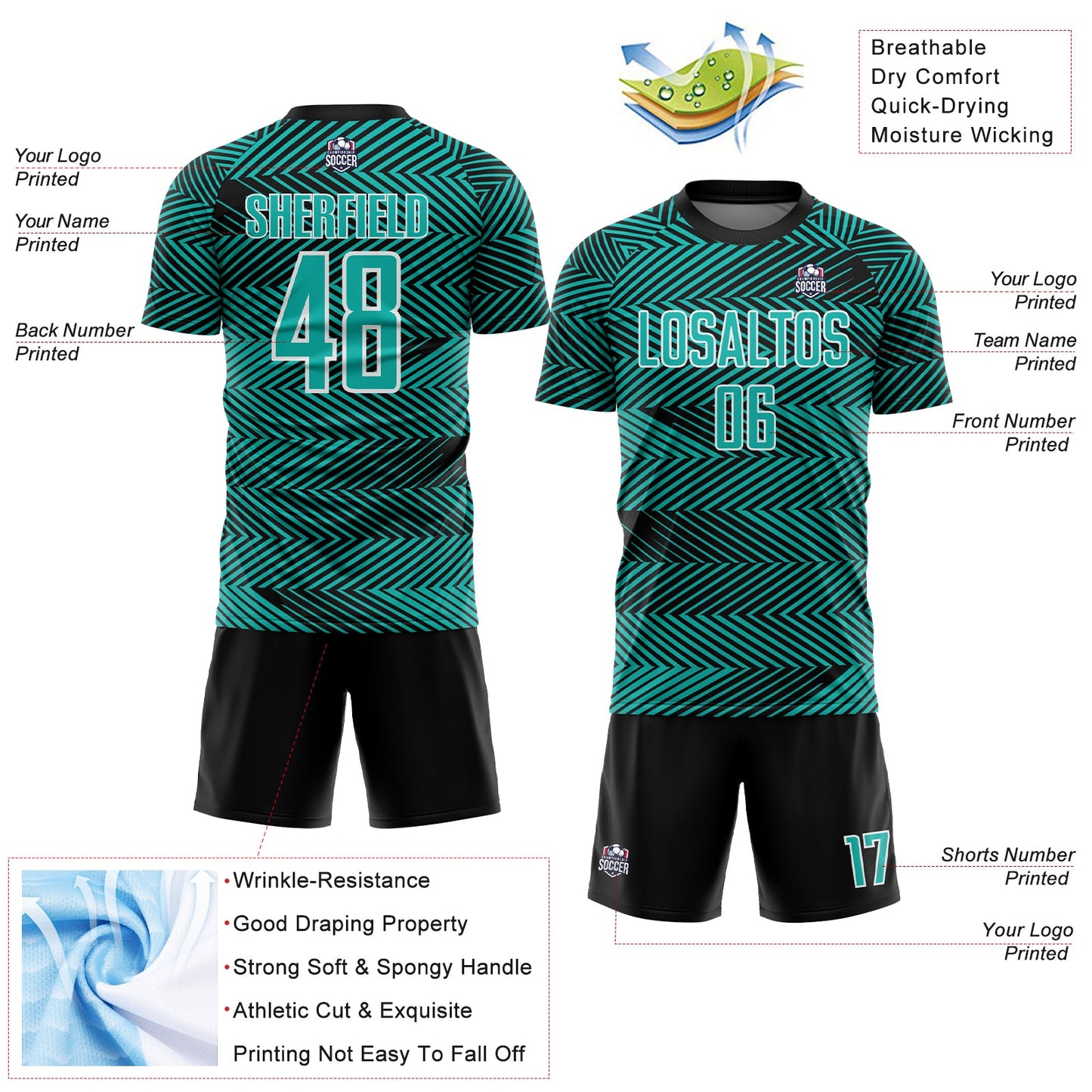Custom Aqua Black-White Line Sublimation Soccer Uniform Jersey - Sky-Custom